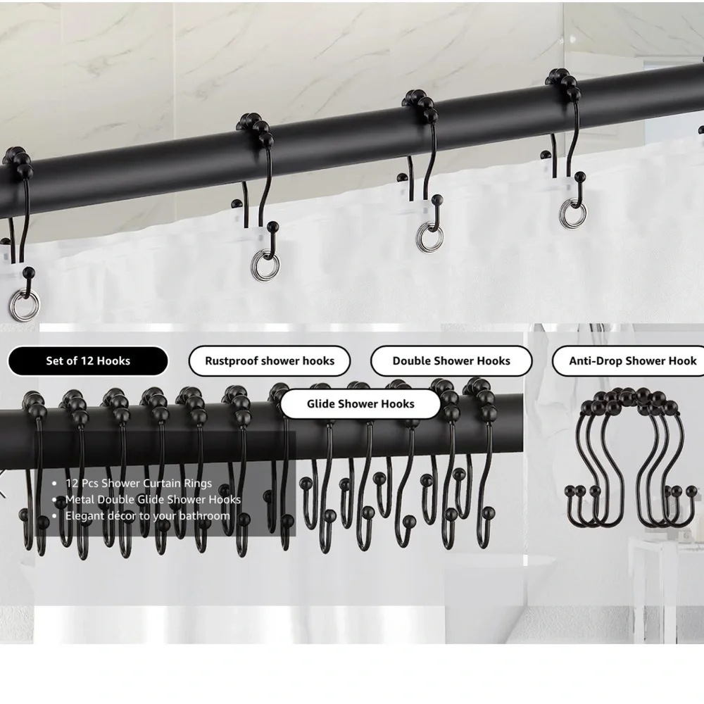 Sultan’s Linens Double Shower Hooks Roller Stainless 12 Piece Black Matt Finish
